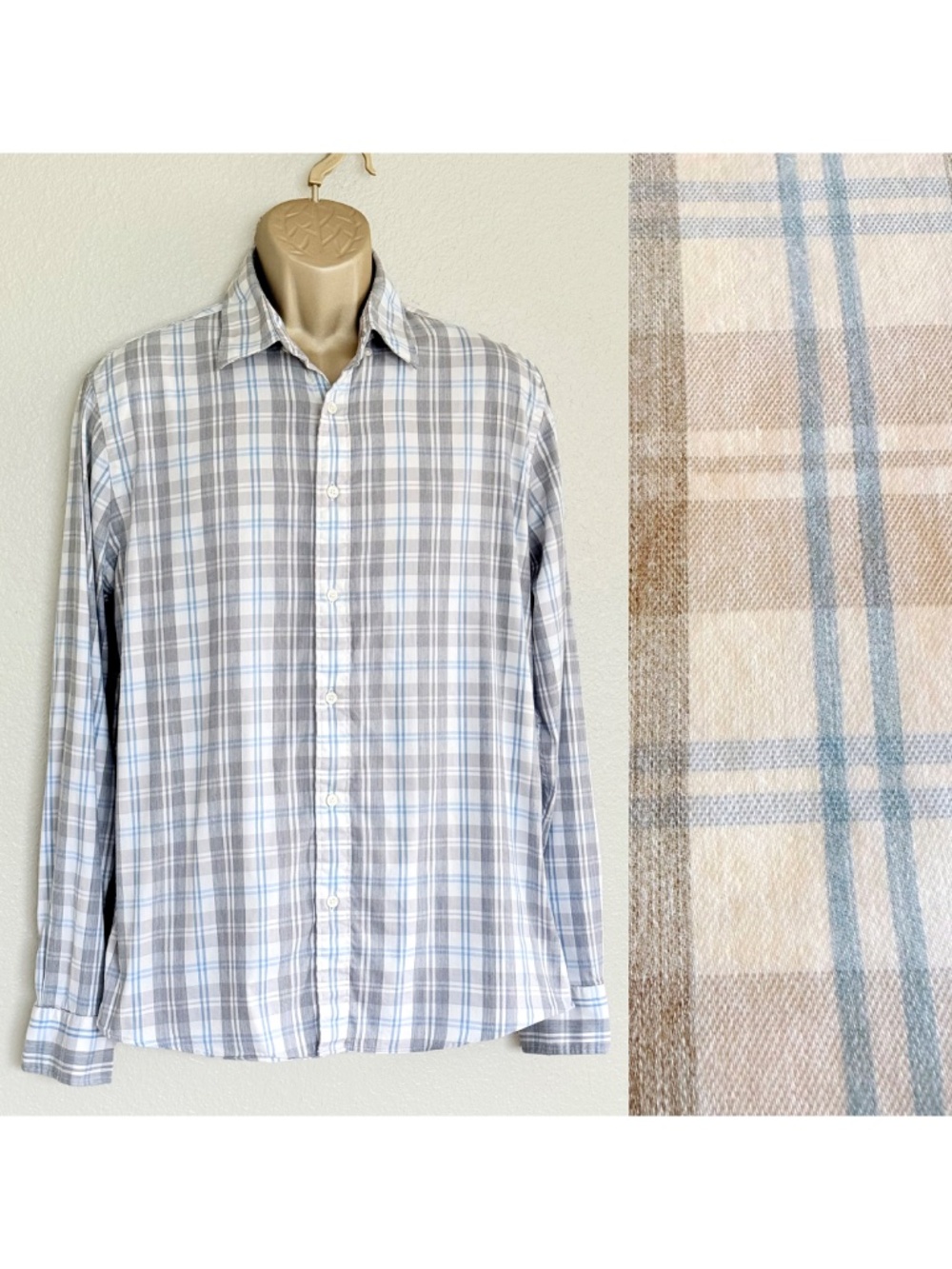 Faherty Men's Movement Saint Cloud Grey & Blue Plaid Long Sleeve Shirt Sz L